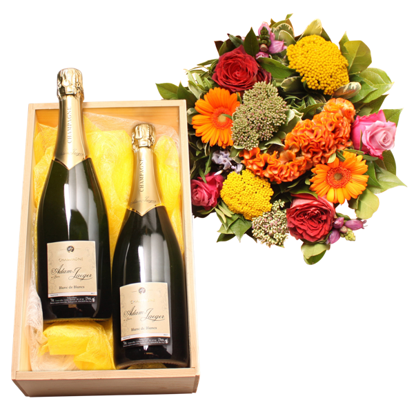 Kleurrijk boeket met 2 flessen Champagne