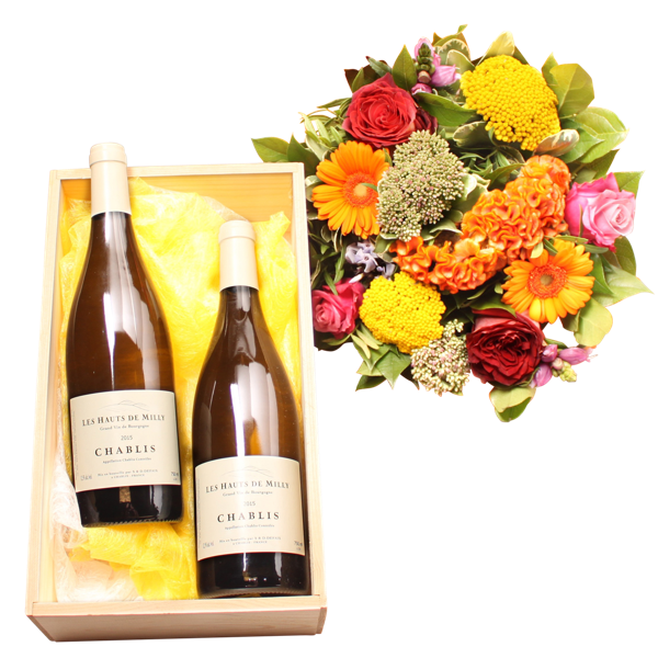 Kleurrijk boeket met 2 flessen Chablis
