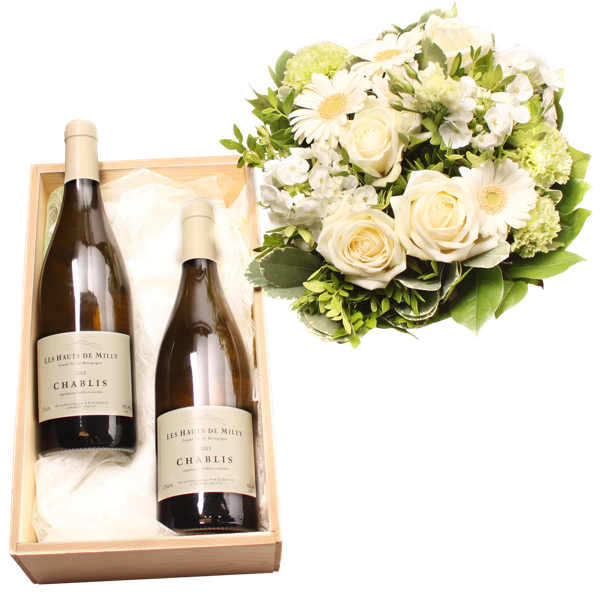 Wit boeket met 2 flessen Chablis